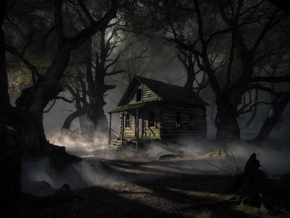 Dark haunted woods atmospheric cabin