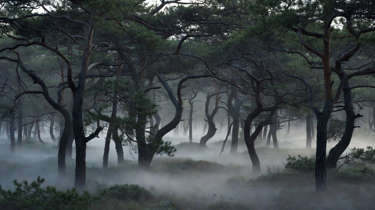 Dense dark pine barrens trees under mist