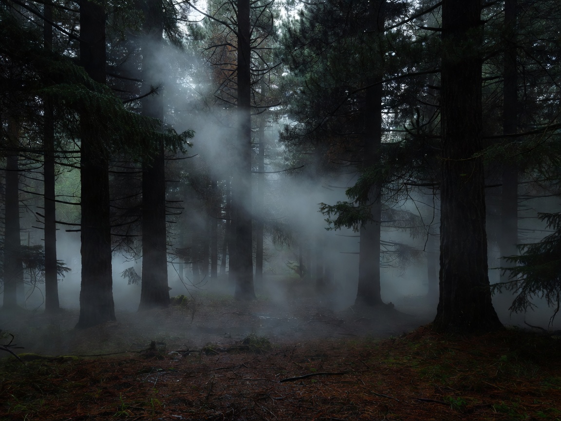 Dense dark pine forest with mist
