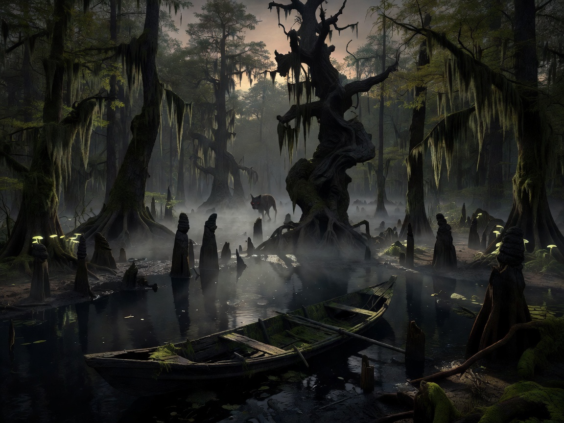 Misty murky bayou forest representing Rougarou legend