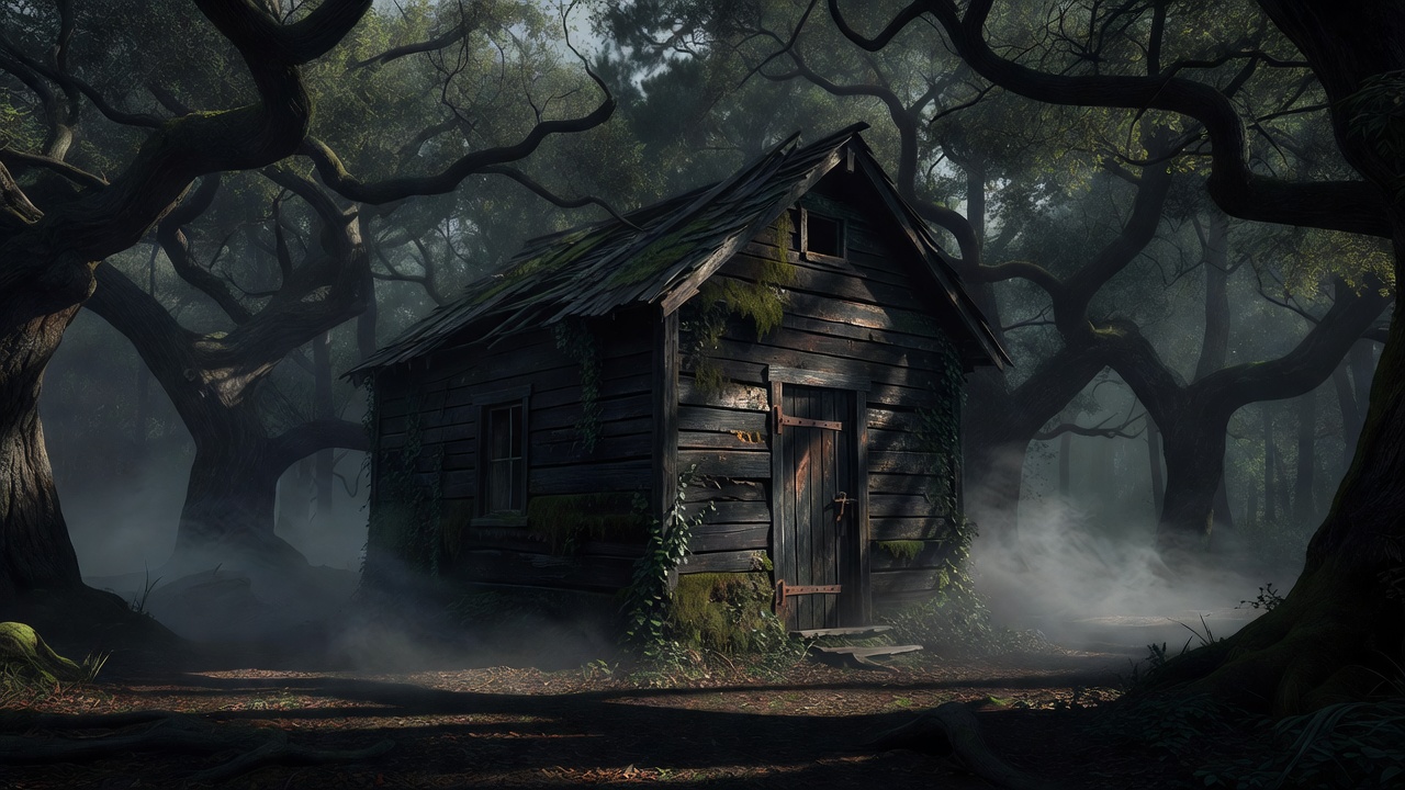 Mysterious old dark wooden cabin structure