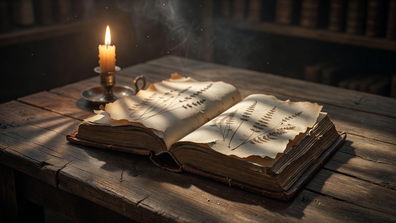 Old book open on table with candle light