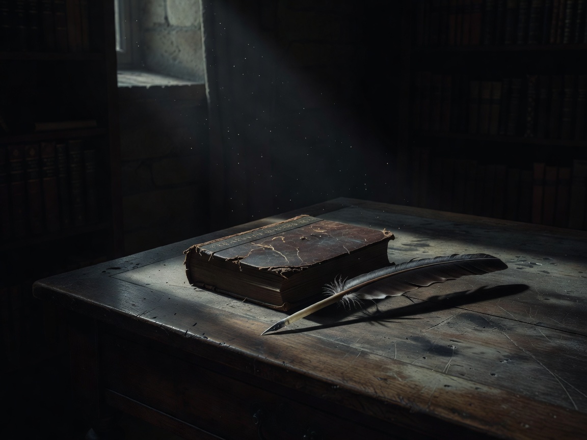 Old leather-bound book and feather quill in dark room